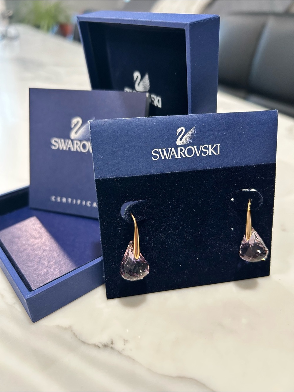 Swarovski Gold-Tone Earrings with Pale Purple Teardrop Crystals